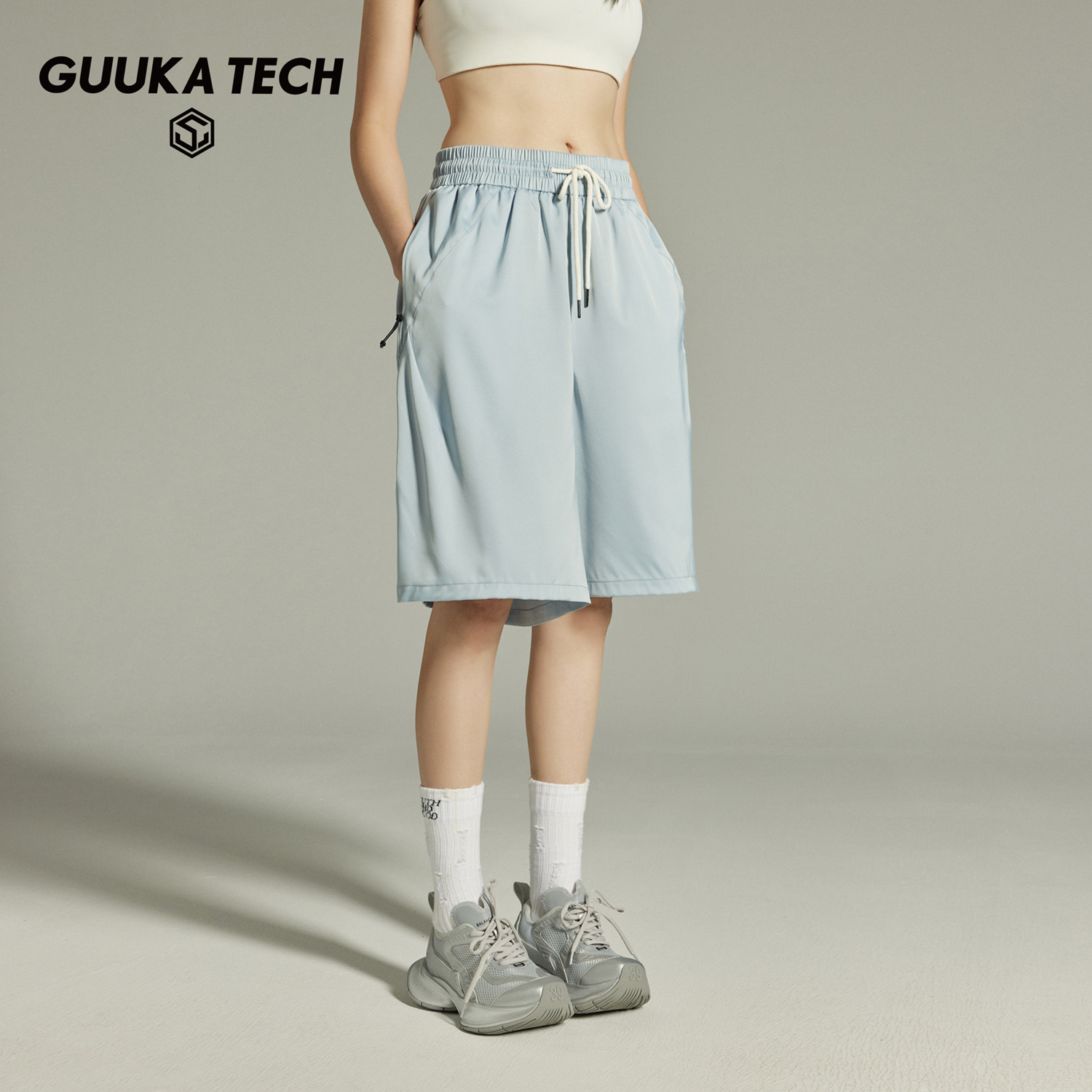 GUUKA TECH潮牌浅蓝色凉感五分裤女夏季垂感透气运动跑步短裤宽松,女装/女士精品,短裤,淘宝优惠券,粉丝福利购,淘宝优惠卷