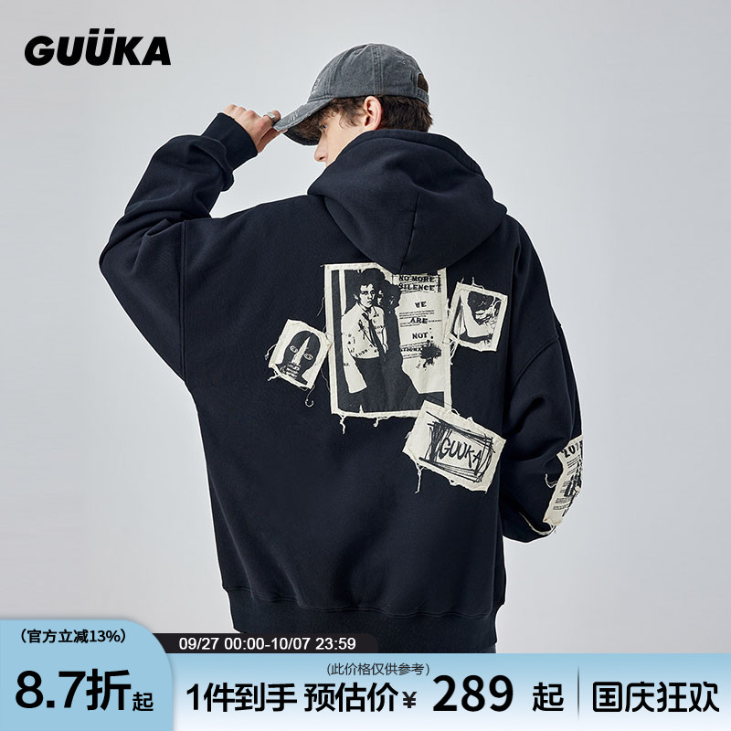 GUUKA毛边贴布绣落肩连帽卫衣