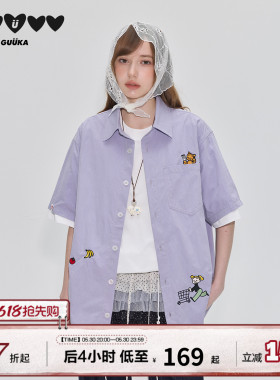 GUUKA&原田治联名小猫刺绣紫色衬衫短袖女款夏季衬衣正肩褶皱外套