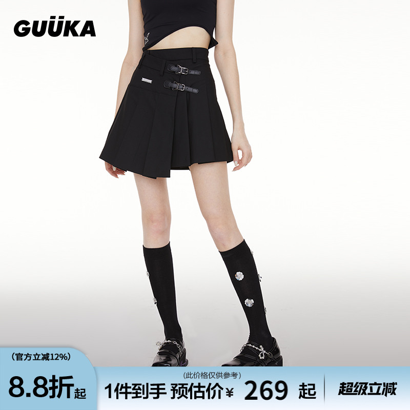 Guuka潮牌黑色皮扣百褶裙嘻哈