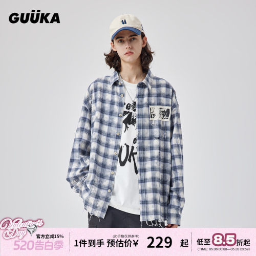 GUUKA方领蓝色格子长袖衬衫