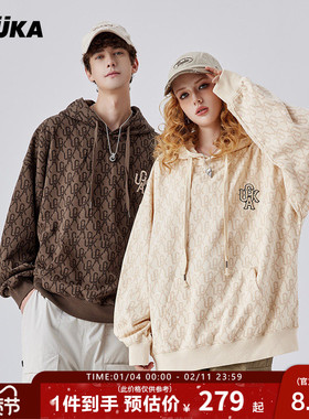 GUUKA潮牌cityboy日系连帽卫衣男新款情侣奶黄色复古满印帽衫宽松