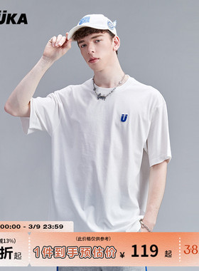 GUUKA白色短袖T恤男纯棉夏季潮任嘉伦同款多色LOGO刺绣半袖女宽松