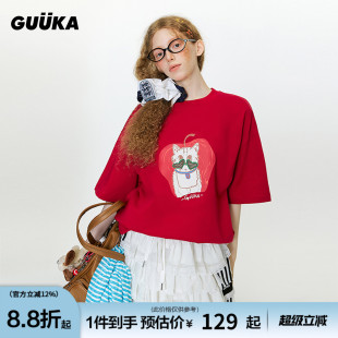 落肩半袖 GUUKA潮牌红色苹果猫咪重磅纯棉T恤女夏季 多巴胺上衣宽松