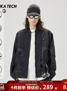 GUUKA TECH机能风户外黑色工装飞行夹克男活页拼接网布棒球领外套