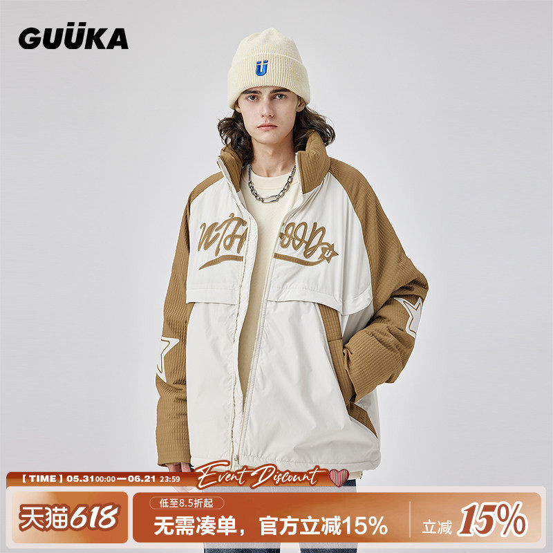 GUUKA米白色拼接格纹棉衣男冬季新款潮 防风袖口高领棉服外套宽松