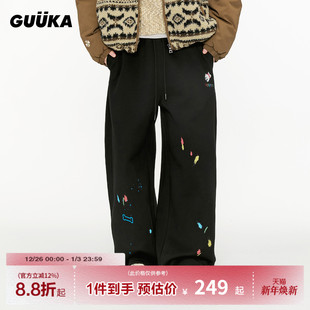 小狗刺绣直筒加绒裤 男款 子 涂鸦堆堆卫裤 GUUKA&matsui联名黑色美式