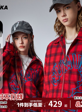 GUUKA红色格子衬衫轻薄羽绒服男 美式复古冬季加厚衬衣外套女宽松