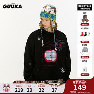情侣装 加绒 爱心刺绣落肩上衣 冬季 GUUKA黑色圣诞苹果圆领卫衣男款