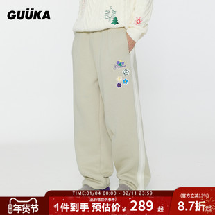 GUUKA潮牌花卉绣章羊羔绒加厚卫裤男冬季 美式裤子刺绣直筒堆堆裤