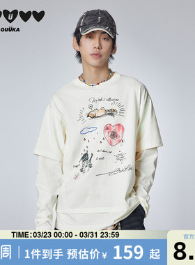 GUUKA潮牌白色猫咪假两件长袖t恤男春季新款烫钻纯棉正肩圆领上衣