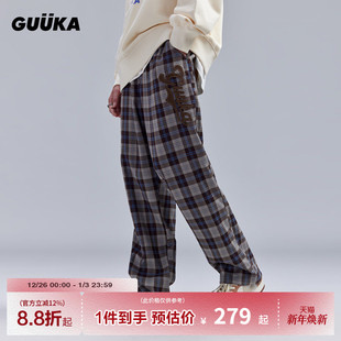 宽松阔脚 情侣嘻哈LOGO贴布刺绣格子裤 GUUKA潮牌咖色直筒裤 男加厚