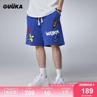 新款 青少年魔术贴五分裤 男夏季 GUUKA&Agaho联名蓝色重磅短裤 宽松