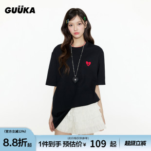 女合身 情侣半袖 GUUKA潮牌黑色爱心刺绣正肩t恤男新款 纯棉圆领短袖