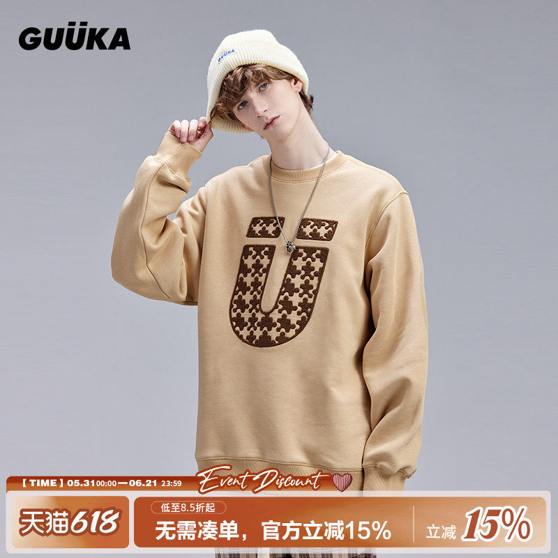 GUUKA潮牌卡其色加绒加厚卫衣男生情侣美式复古大U毛巾绣上衣宽松