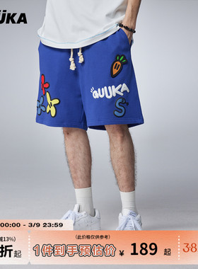 GUUKA&Agaho联名蓝色重磅短裤男夏季新款 美式沙滩五分裤宽松裤子
