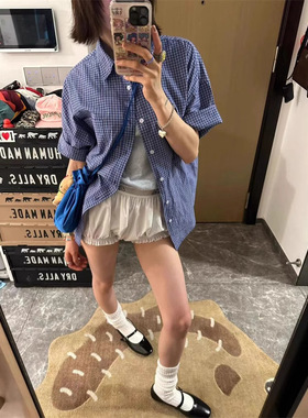 Women American retro checkered short sleeved shirt女格子衬衫