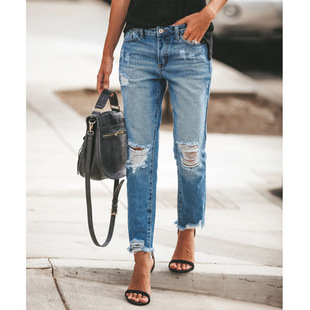 Women's ripped straight leg jeans跨境女士破洞直筒牛仔裤女