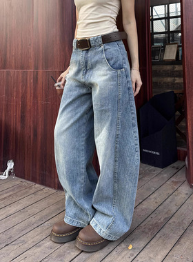 American retro loose straight leg curved knife jeans  women