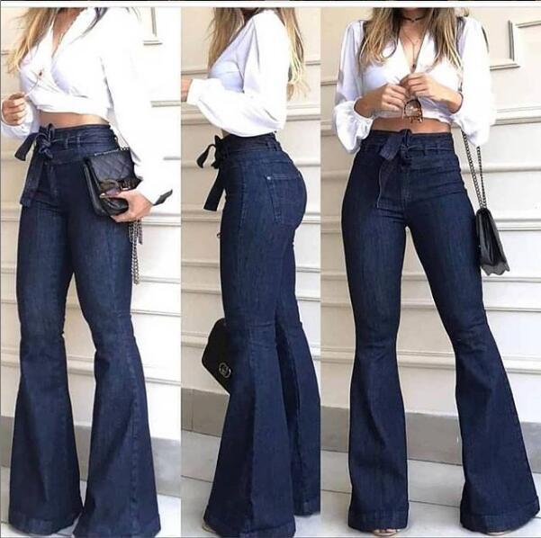 Women high waisted elastic flared wide leg jeans女阔腿牛仔裤