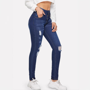 Women's ripped tight jeans跨境破洞女士小脚裤牛仔裤