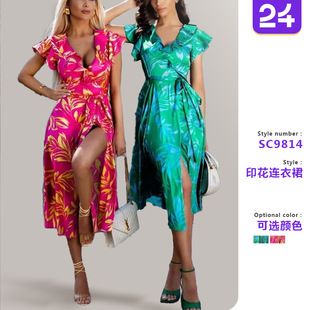 neck printed dress女印花v領連衣裙 sleeve slit bubble Women
