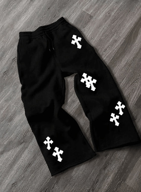 Men cross casual pants十字架印花休闲裤男复古潮流宽松直筒长裤