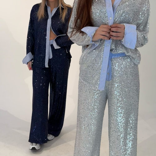 Women's loose sequined suit+wide leg pants set女亮片西装套装