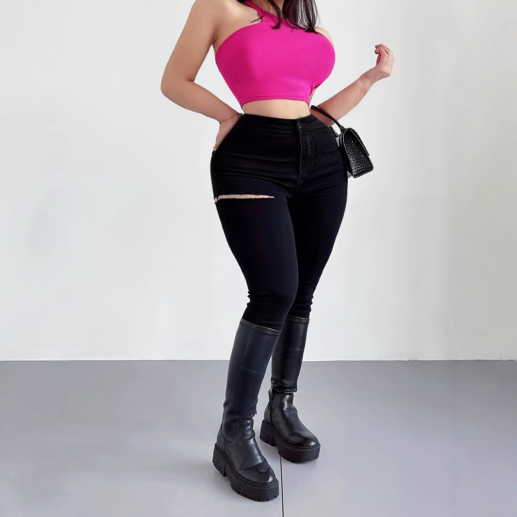 Women sexy ripped slim fit elastic jeans破洞修身小脚牛仔裤女