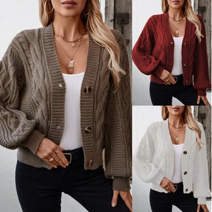 Women thick thread lantern sleeve cardigan sweater毛衣外套女