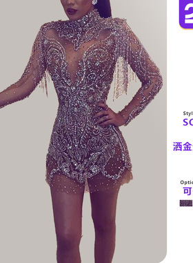 Women's gold sprinkled transparent hollow sexy dress女连衣裙