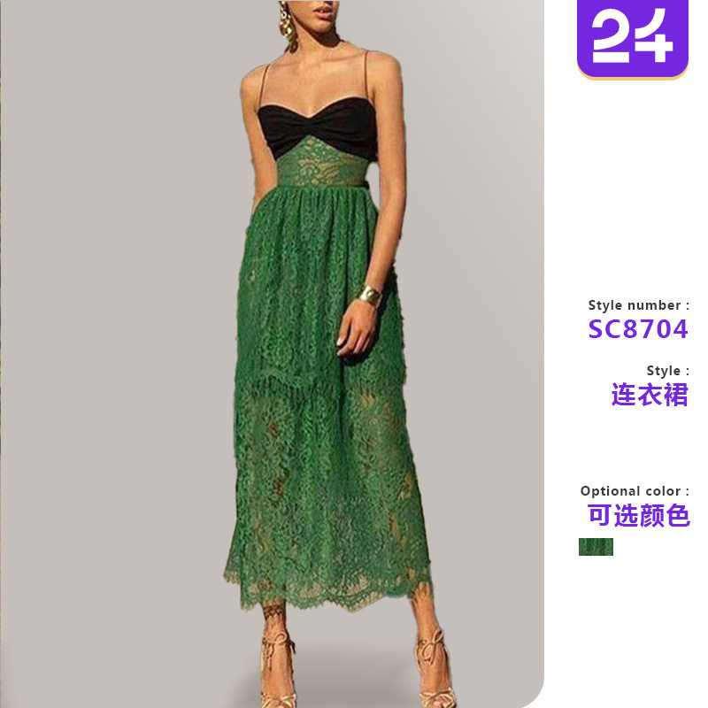 Women suspender sexy lace hollow dress女连衣裙吊带蕾丝绿镂空