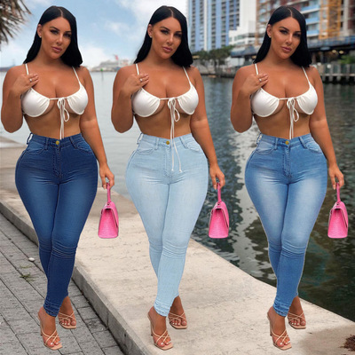 Women's straight leg high stretch tight jeans牛仔裤女高弹力