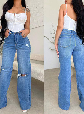 Women's ripped jeans女破洞牛仔裤高腰显瘦直筒拖地长裤子ins潮