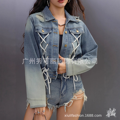 Women's nostalgic short denim jacket女穿绳短款无弹力牛仔外套