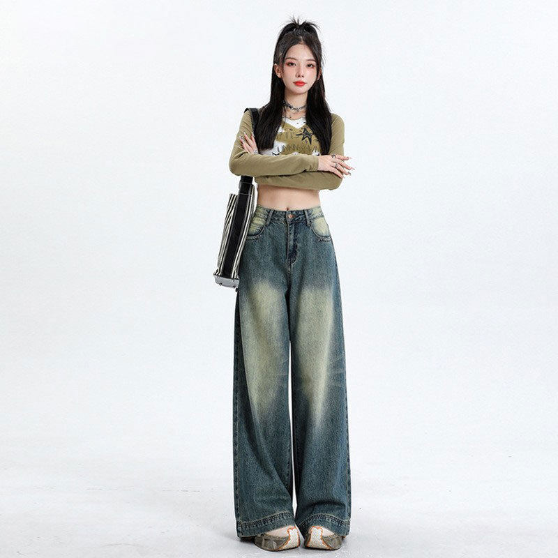 Women retro jeans, high waisted loose wide leg pants女牛仔裤