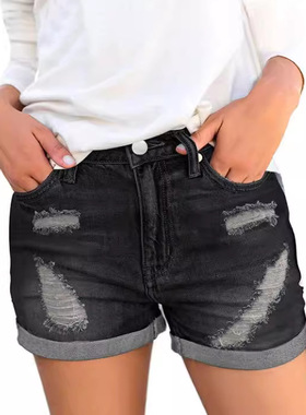 Women ripped and flanged denim shorts欧美破洞翻边牛仔短裤女