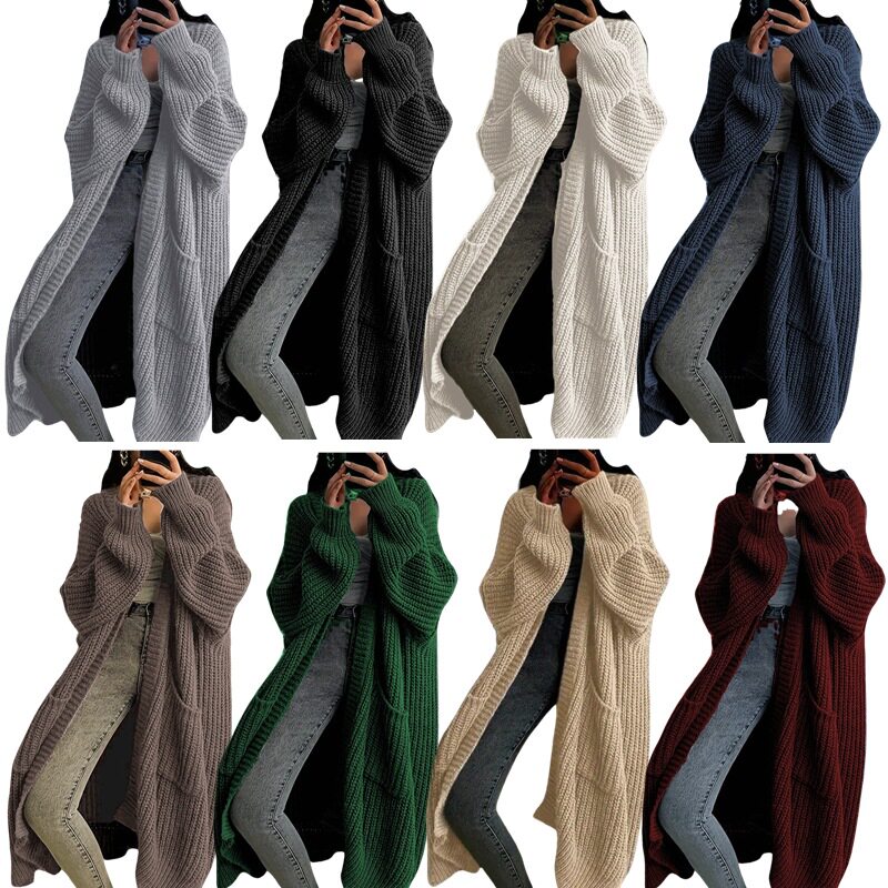 Women loose pocket mid length cardigan sweater jacket女毛衣