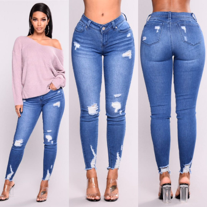 Women stretch ripped high waisted jeans弹力破洞高腰牛仔裤女