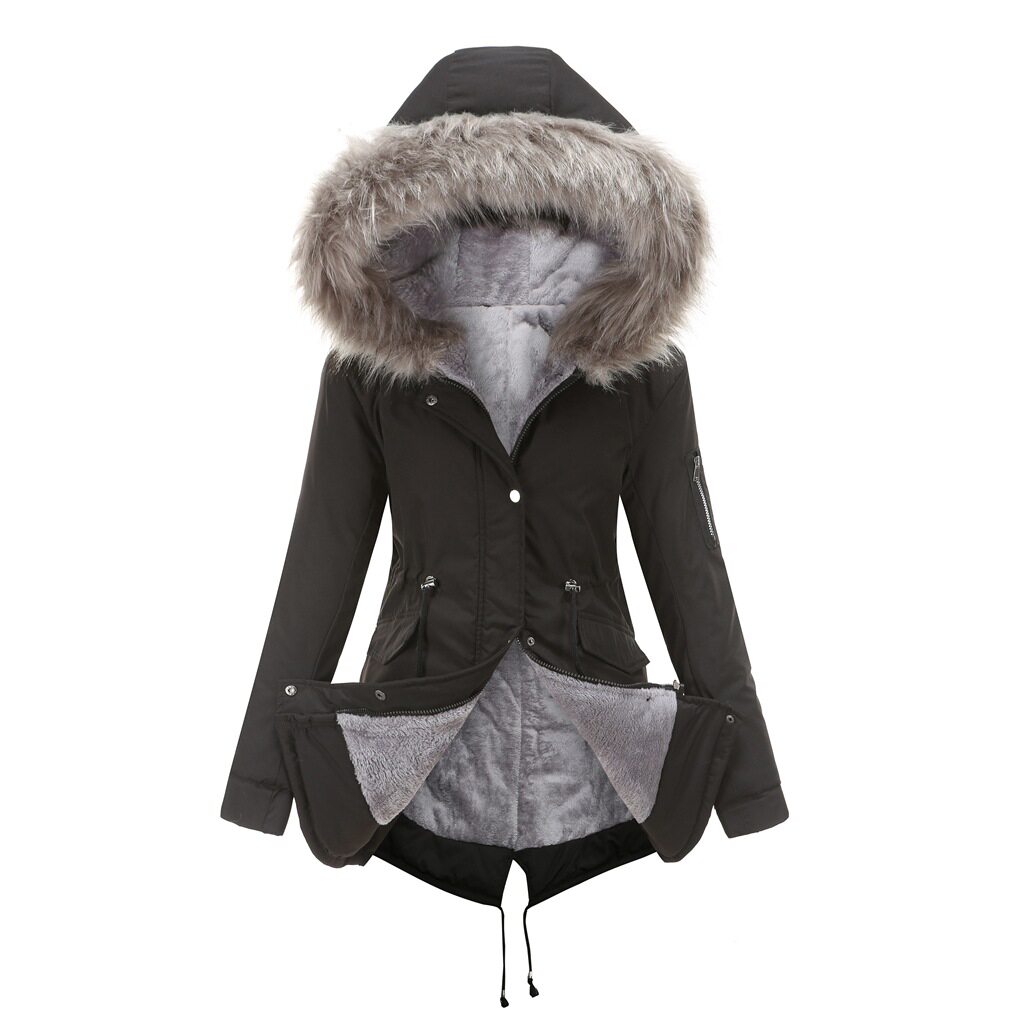Women's velvet hooded cotton jacket派克大衣棉衣中长款连帽女