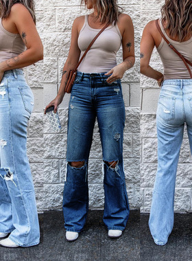 Women ripped slim fit flared jeans女破洞高腰修身牛仔喇叭裤裤