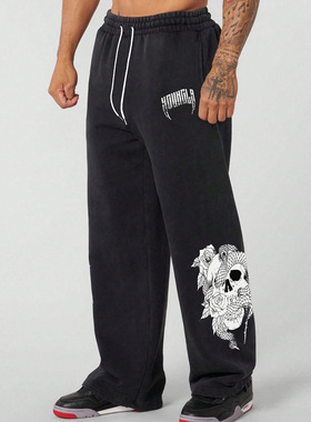 Men's retro printed straight leg sports sweatpants男复古卫裤