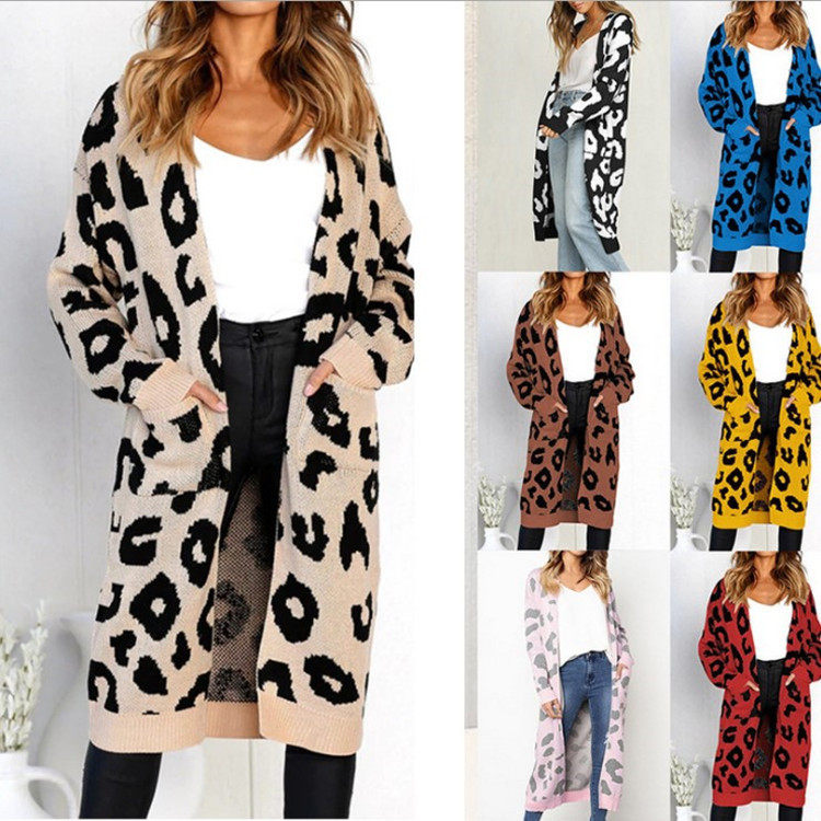 Women leopard print loose long sweater jacket女豹纹毛衣外套