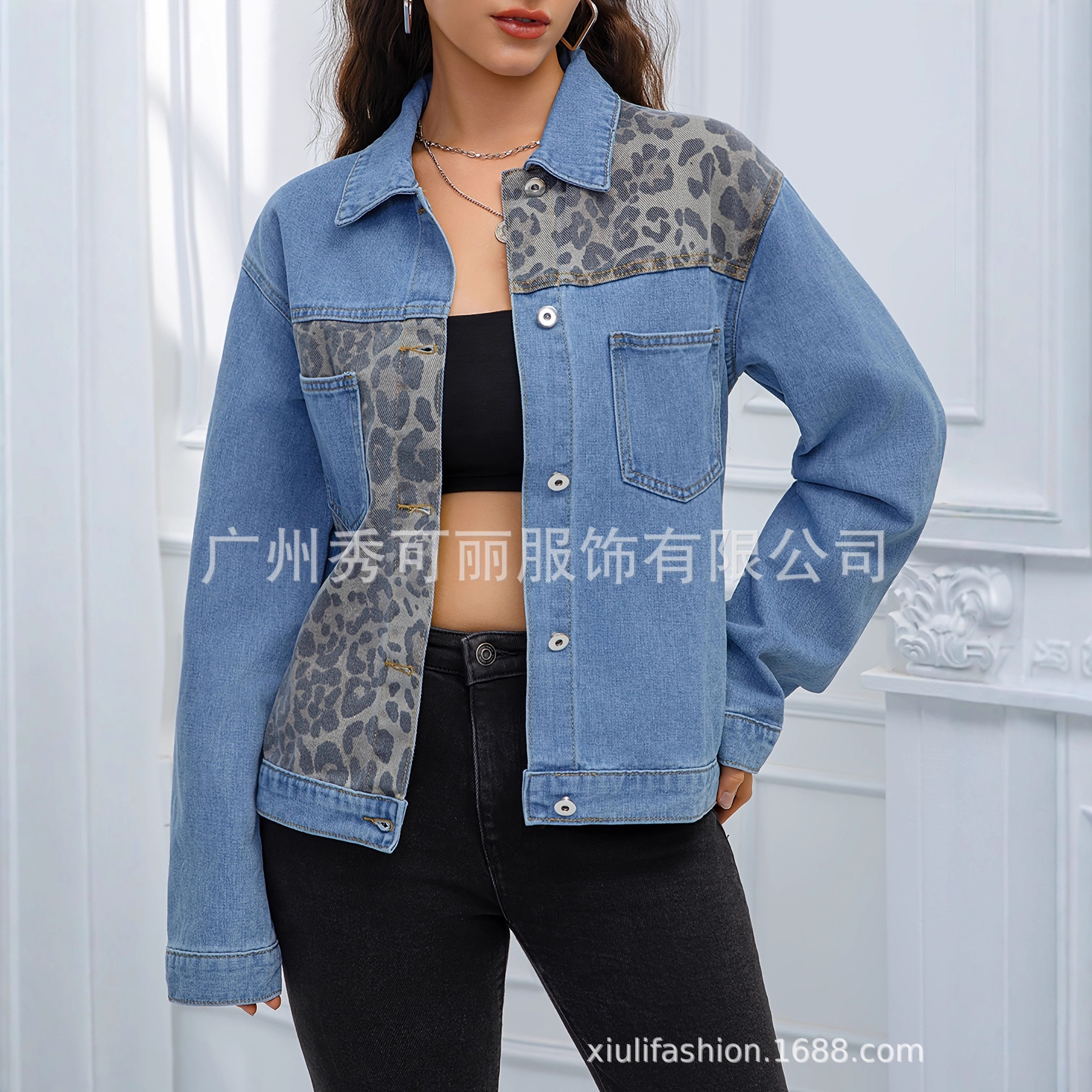 Women's leopard print patchwork long sleeved denim jacket