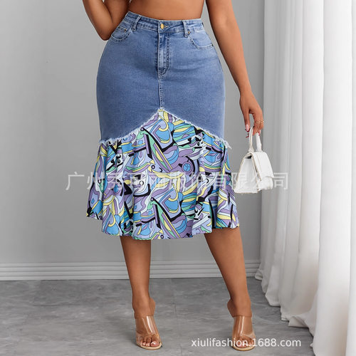 Women's floral fabric patchwork denim skirt女花布拼接牛仔裙
