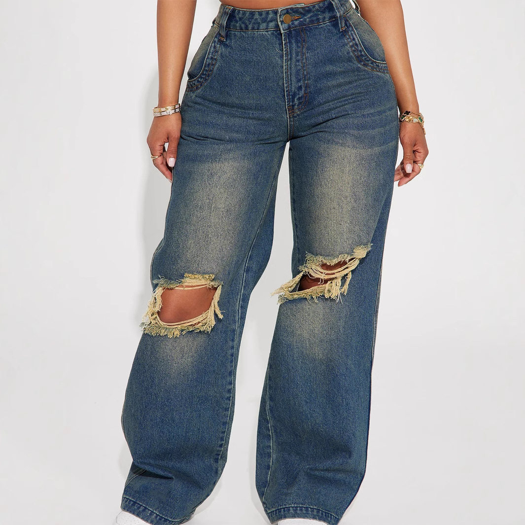 Women's knee hole wide leg denim pants女膝盖破洞阔腿牛仔长裤