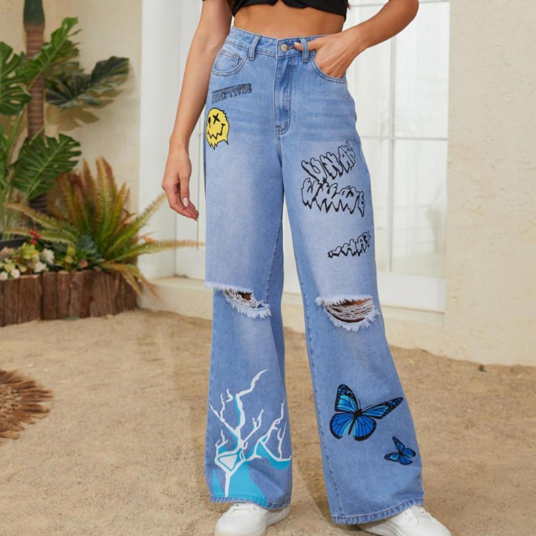 Women printed retro loose ripped wide leg jeans女阔腿牛仔裤
