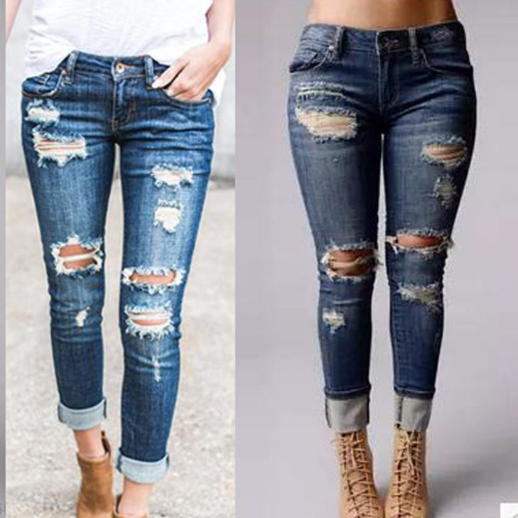 Women cuffed, ripped, slim fit pencil jeans女破洞铅笔牛仔裤
