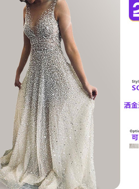 Women's gold sprinkled V-neck camisole dress女洒金V领连衣裙