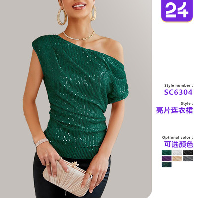 Women dress with sloping shoulders and sequined short skirt